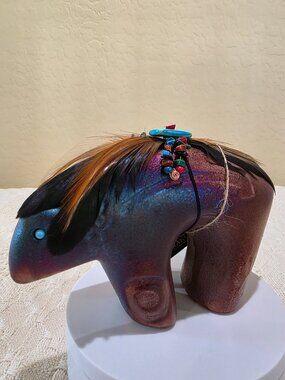 Jeremy Diller Raku Pottery Spirit Bear Fetish Figurine Turquoise Eye Feathers B4